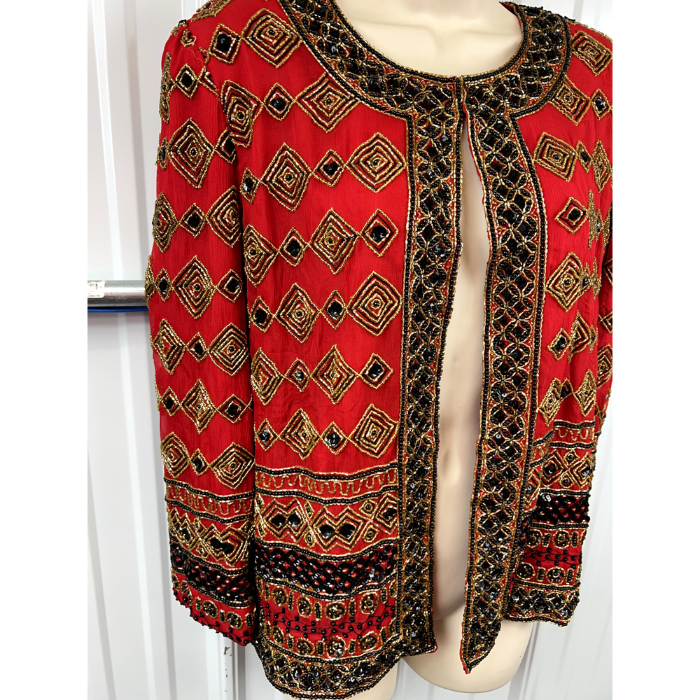 J Kara New York Beaded sequins 3/4 sleeve Red Evening Jacket Cardigan L Party‎